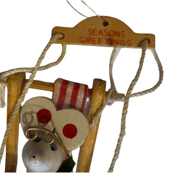 1970s Vintage Christmas White Mouse on Wooden Swing Chair Ornament Holiday Decor - Picture 5 of 6